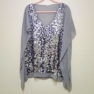 $228 BCBG Silver Sequin Chiffon Batwing Top
